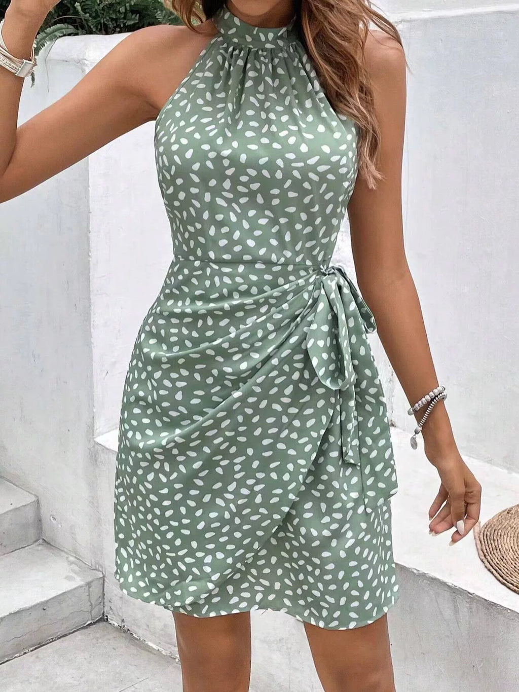 Kishai | Women’s Summer Halterneck Dot Print Pleated Dress with Lace-Up Irregular Hem