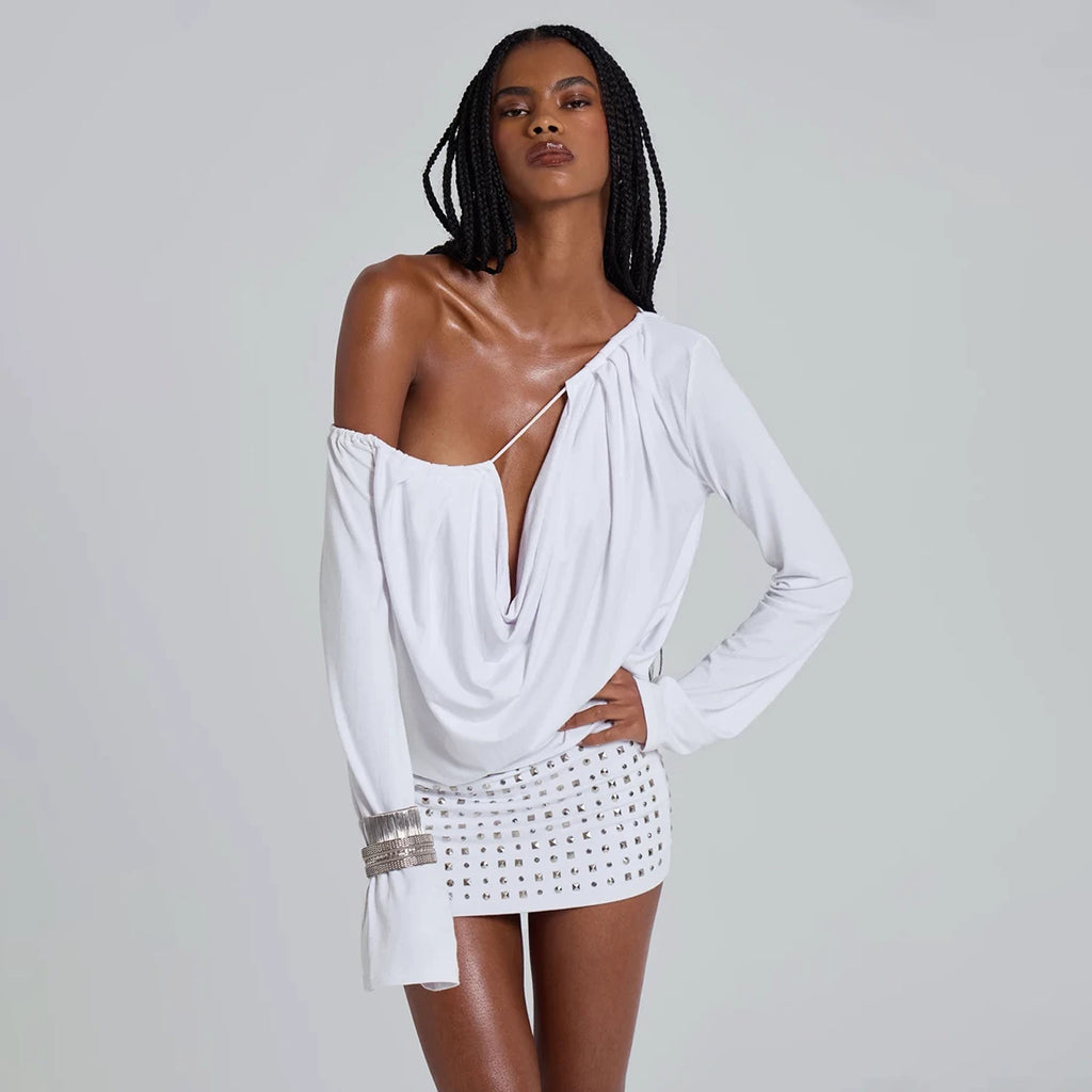 Kishai | Women’s Off-Shoulder Hollow Diamond-Accented Long Sleeve Dress with Backless Slim-Fit Skirt