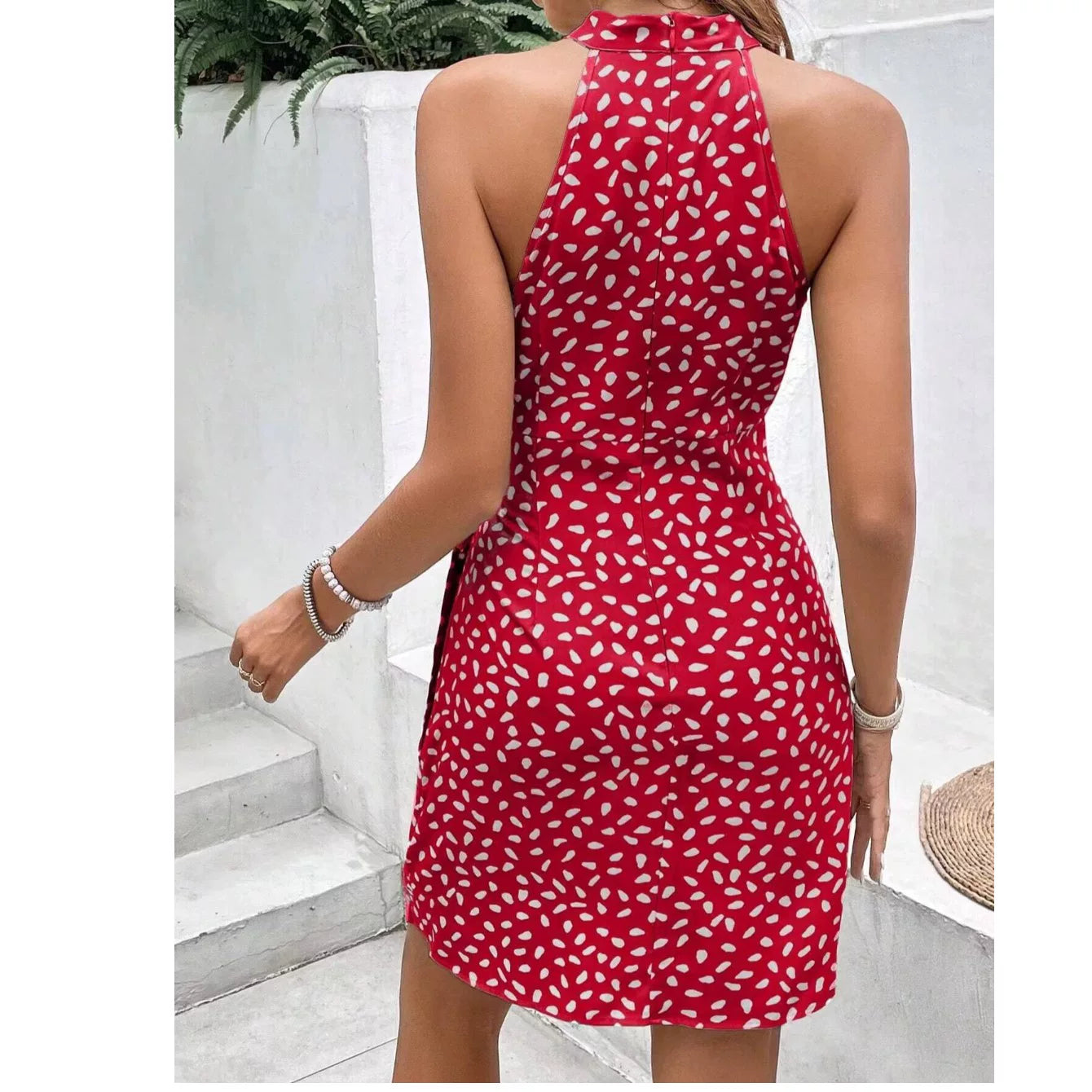 Kishai | Women’s Summer Halterneck Dot Print Pleated Dress with Lace-Up Irregular Hem