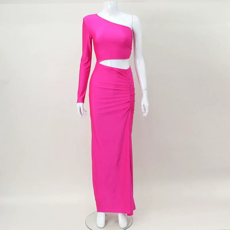 Kishai | Women’s One-Shoulder Hollow Maxi Dress with High Slit and Slim-Fit Silhouette