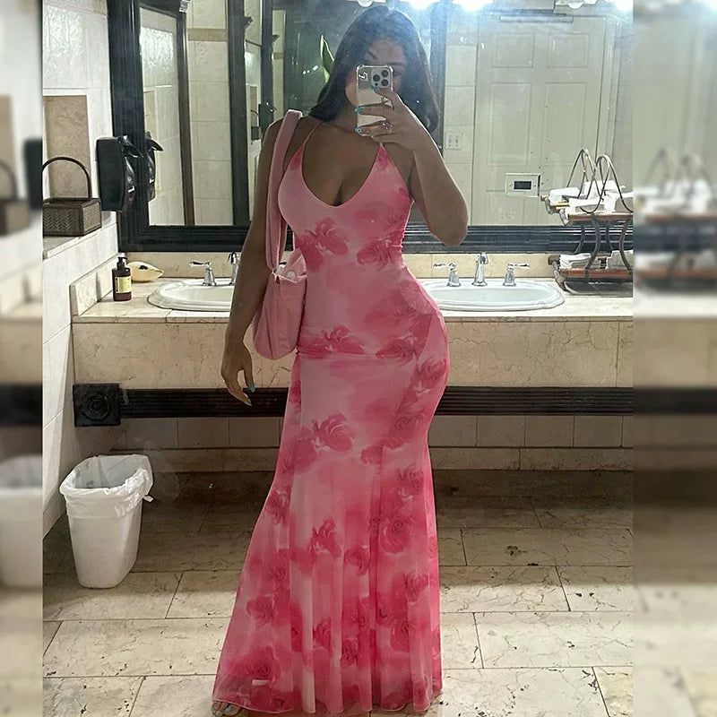 Kishai | Women’s V-Neck Printed Backless Spaghetti Strap Fishtail Maxi Dress for Summer