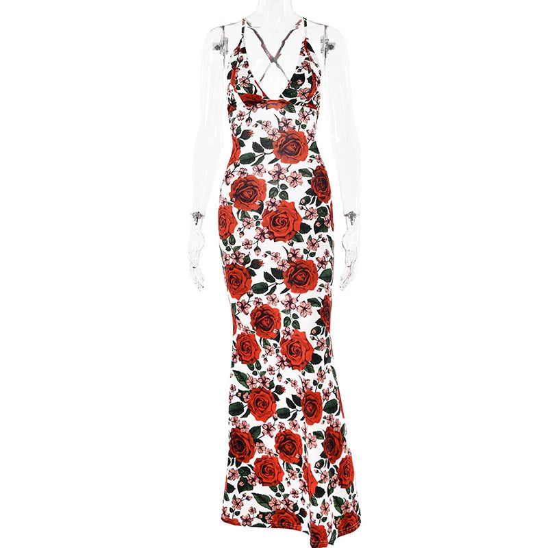 Kishai | Women’s Summer Rose Print Backless Maxi Dress with Slim-Fit Silhouette for Vacation