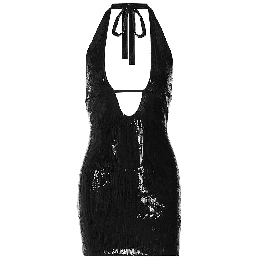 Kishai | Women’s Sequin Halter Neck Maxi Dress with Deep V and Backless Hip-Hugging Design