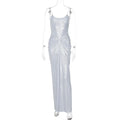 Kishai | Women’s Silver Pleated Waist Suspender Maxi Dress for Elegant Evening Events