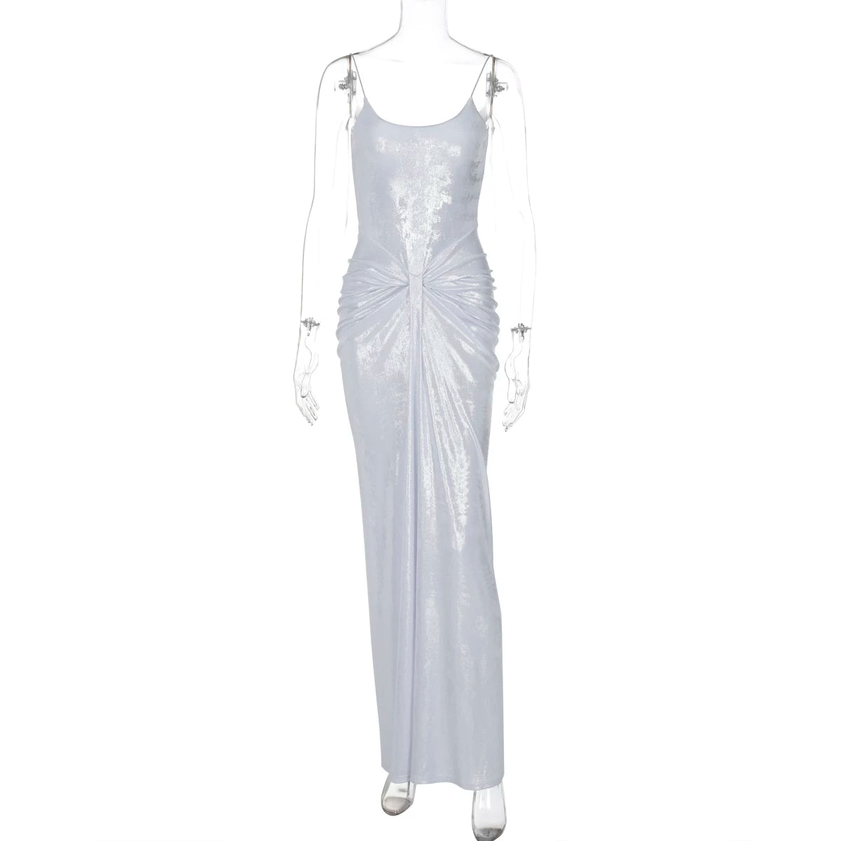 Kishai | Women’s Silver Pleated Waist Suspender Maxi Dress for Elegant Evening Events