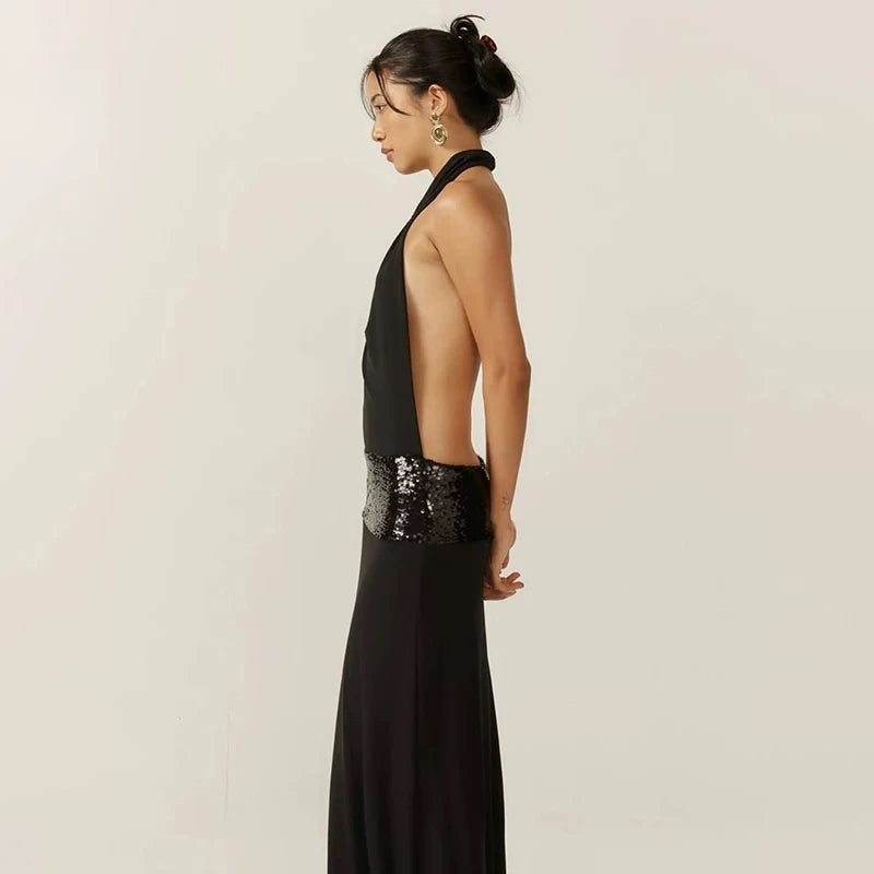 Kishai | Women’s Black Halter Backless Maxi Dress with Flowing Hip-Covering Skirt