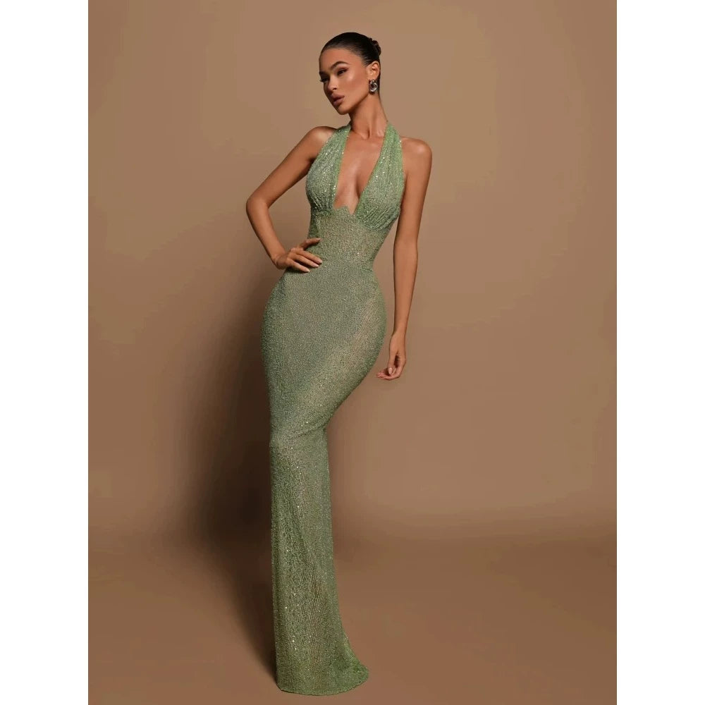 Kishai | Women’s Sequined V-Neck Halter Maxi Dress for Banquets and Special Occasions