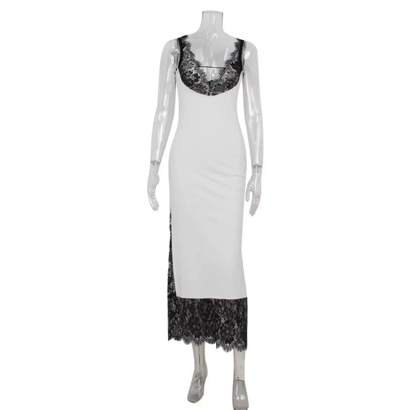Kishai | Women’s V-Neck Lace Spliced Suspender Maxi Dress for Elegant Occasions