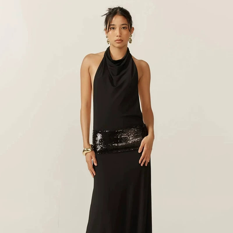 Kishai | Women’s Black Halter Backless Maxi Dress with Flowing Hip-Covering Skirt