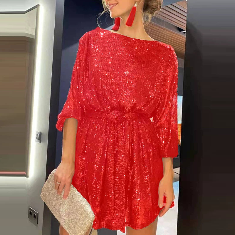 Kishai | Women’s Sparkling Glitter Lace-Up Waist Maxi Dress with Slimming Belly Coverage