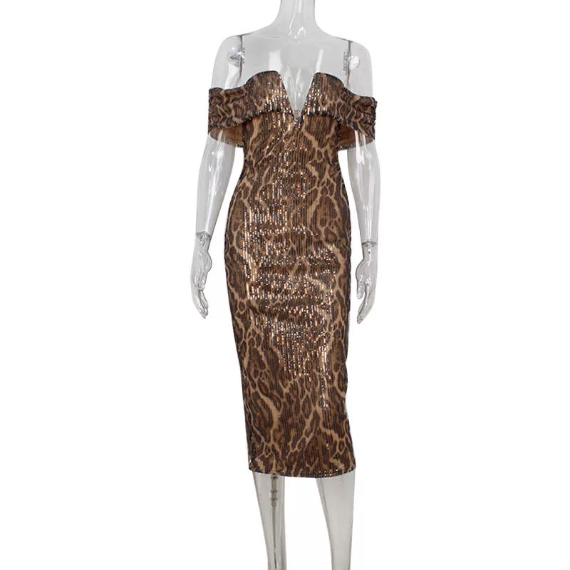 Kishai | Women’s One-Shoulder Leopard Print Sequin Maxi Dress for Elegant Evening Events