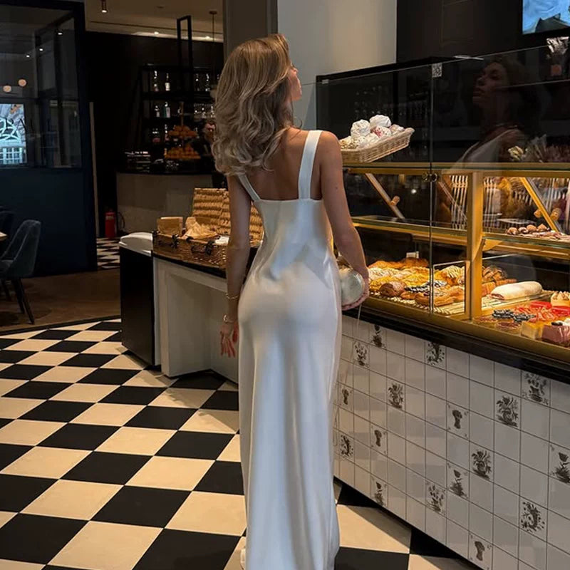 Kishai | Women’s Satin Swing Collar Maxi Dress with Backless Slim-Fit Waist Design