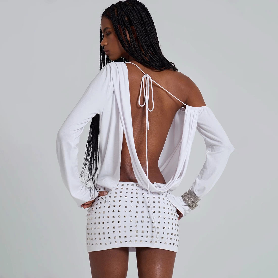 Kishai | Women’s Off-Shoulder Hollow Diamond-Accented Long Sleeve Dress with Backless Slim-Fit Skirt