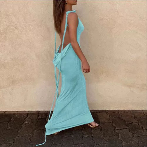 Kishai | Women’s Summer Solid Color Backless Strappy Maxi Dress with Pile Collar