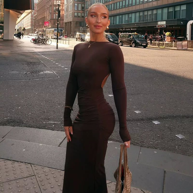 Kishai | Women’s Solid Color Backless Maxi Dress with Slim-Fit Hollow Design for Evening Events