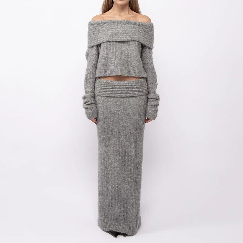 Kishai | Women’s Winter One-Shoulder Sweater and Fishtail Skirt Set with Long Sleeve Top