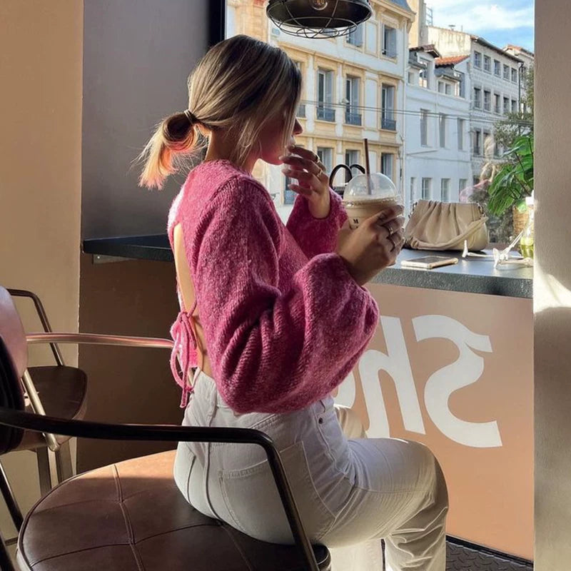 Kishai | Women’s Autumn-Winter Knitted Loose Sweater with Tie Backless Design