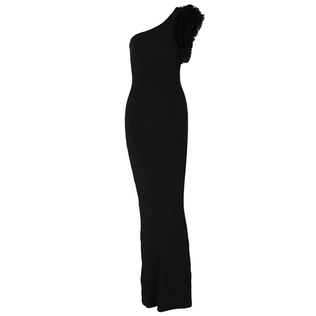 Kishai | Women’s Solid Color Sloped Shoulder Maxi Dress with Feather Detail and Slim-Fit Silhouette