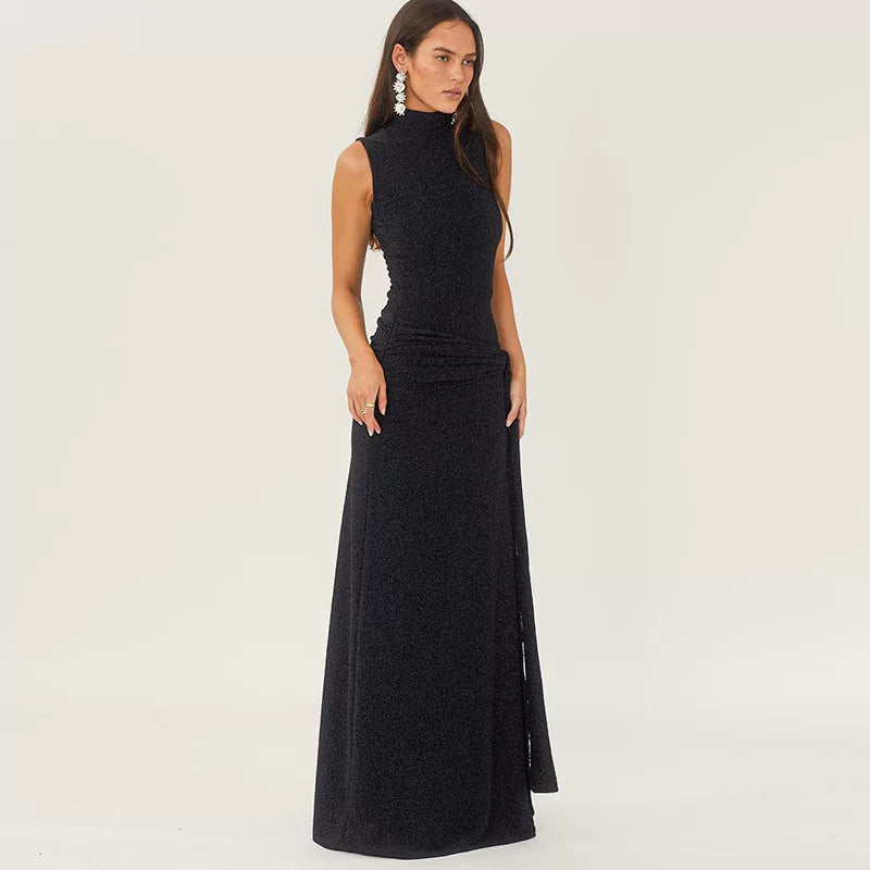 Kishai | Women’s High-Collar Sleeveless Maxi Dress with Ribbon Stitching and Silk-Like Finish