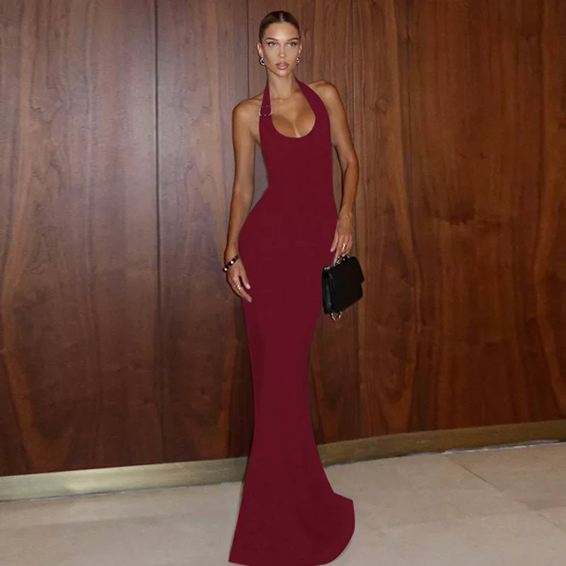 Kishai | Women’s Ribbed Halterneck Maxi Dress with Backless Slim-Fit Design