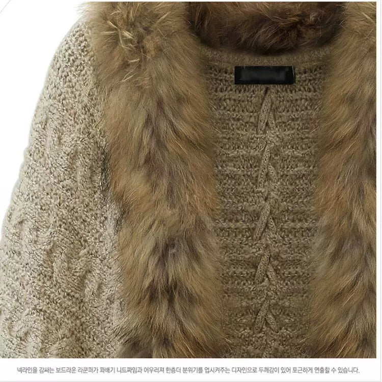 Kishai | Women’s Plus-Size Knitted Cape Cardigan with Batwing Sleeves and Fur Collar