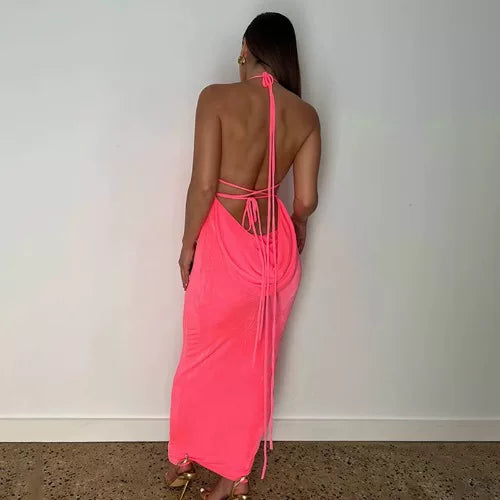 Kishai | Women’s Summer Solid Color Backless Strappy Maxi Dress with Pile Collar