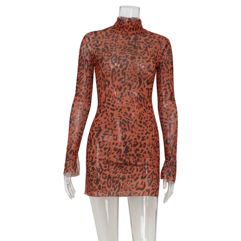 Kishai | Women’s Leopard Print Long-Sleeve Dress with Side Slit and Hip-Hugging Fit