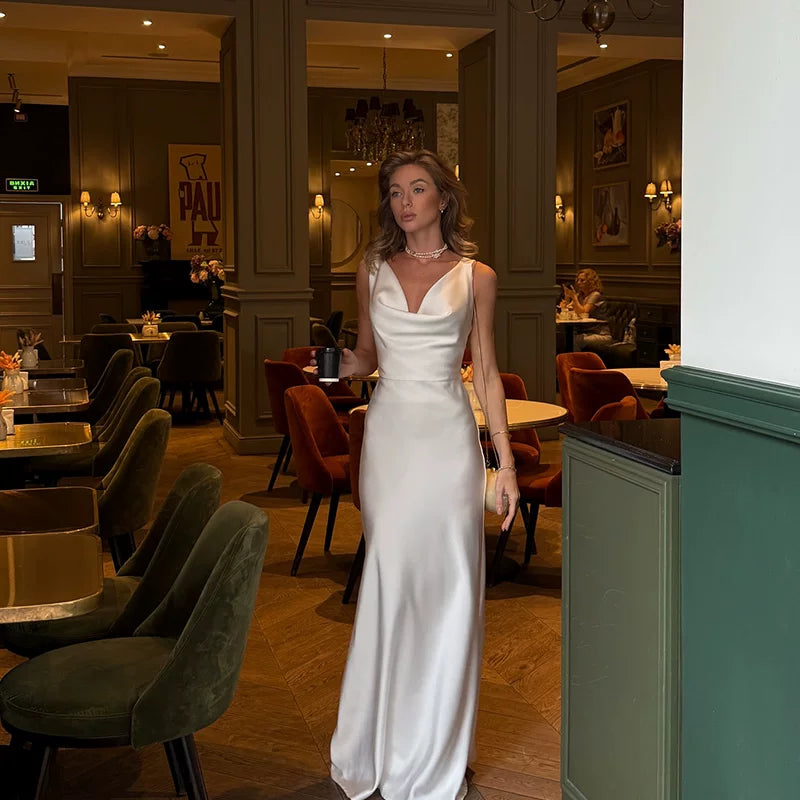 Kishai | Women’s Satin Swing Collar Maxi Dress with Backless Slim-Fit Waist Design