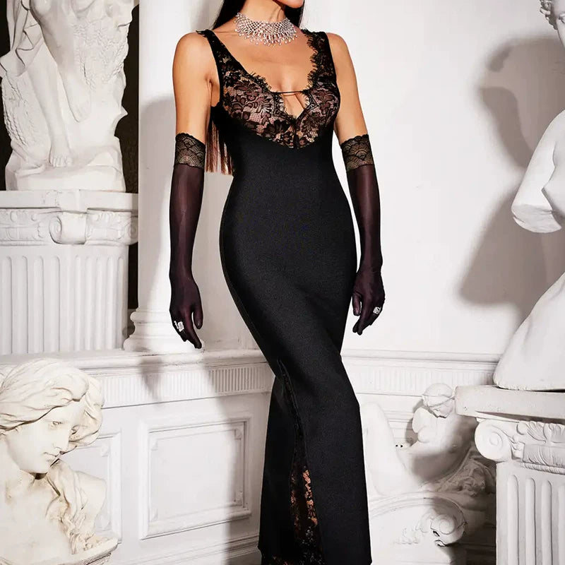 Kishai | Women’s V-Neck Lace Spliced Suspender Maxi Dress for Elegant Occasions