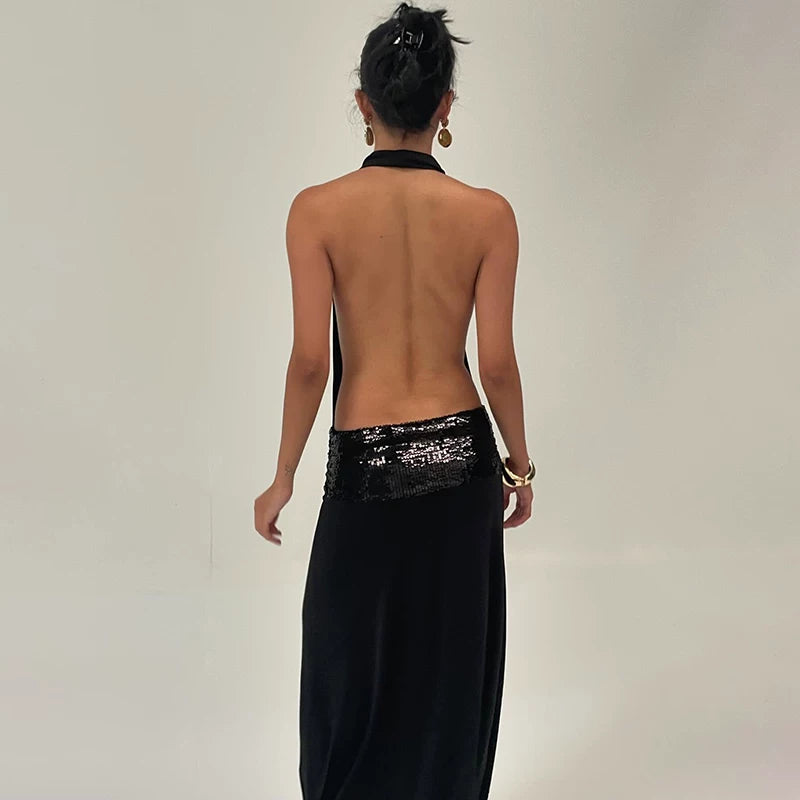 Kishai | Women’s Black Halter Backless Maxi Dress with Flowing Hip-Covering Skirt