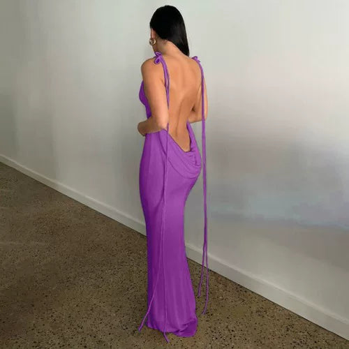 Kishai | Women’s Summer Solid Color Backless Strappy Maxi Dress with Pile Collar