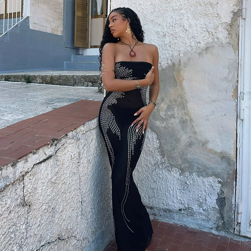 Kishai | Women’s One-Shoulder Backless Tube Maxi Dress with Diamond Accents and High Slit