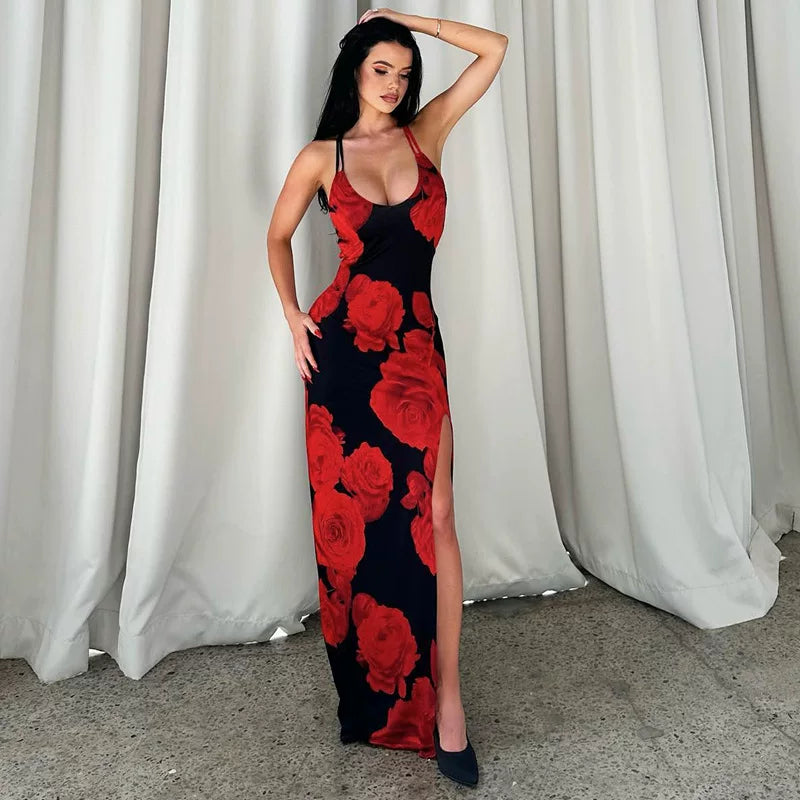 Kishai | Women’s Summer Flower Print Spaghetti Strap Maxi Dress with Side Slit and Slim Fit