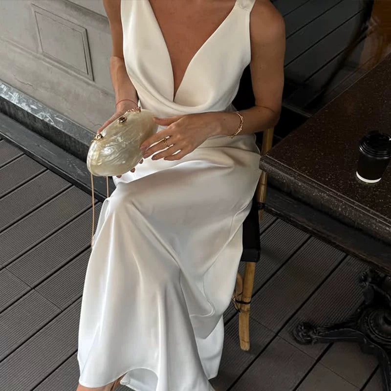 Kishai | Women’s Satin Swing Collar Maxi Dress with Backless Slim-Fit Waist Design