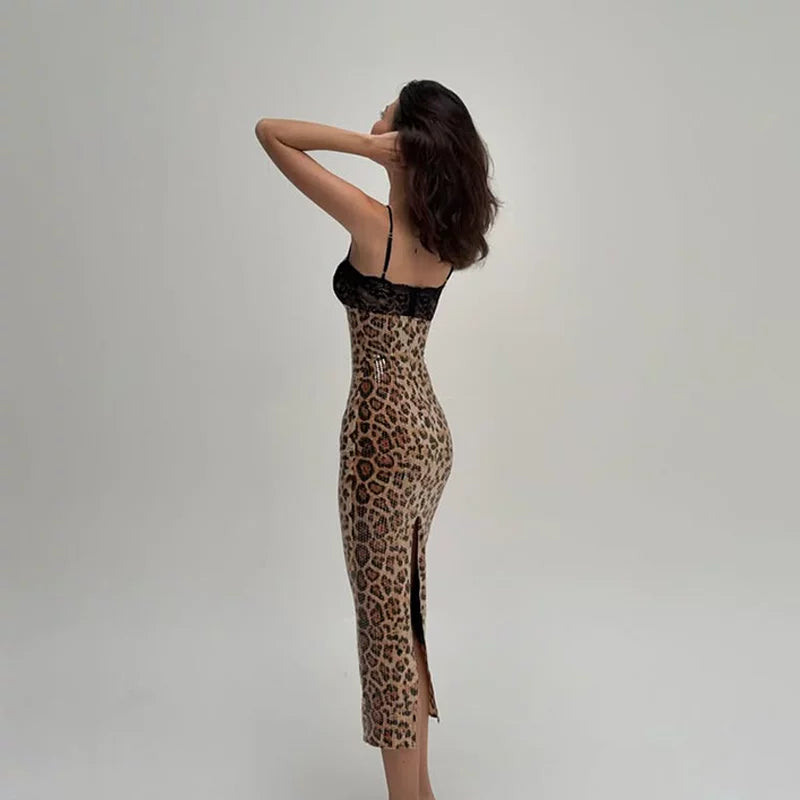 Kishai | Women’s Leopard Print Sequin Lace Slit Spaghetti Strap Dress with Slim-Fit Silhouette
