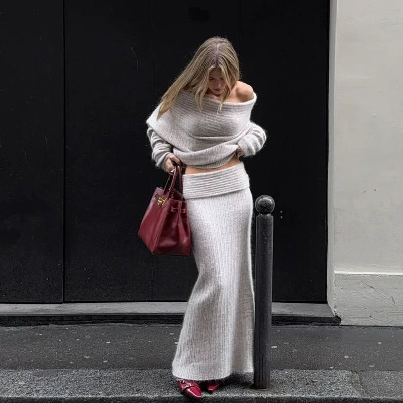 Kishai | Women’s Winter One-Shoulder Sweater and Fishtail Skirt Set with Long Sleeve Top