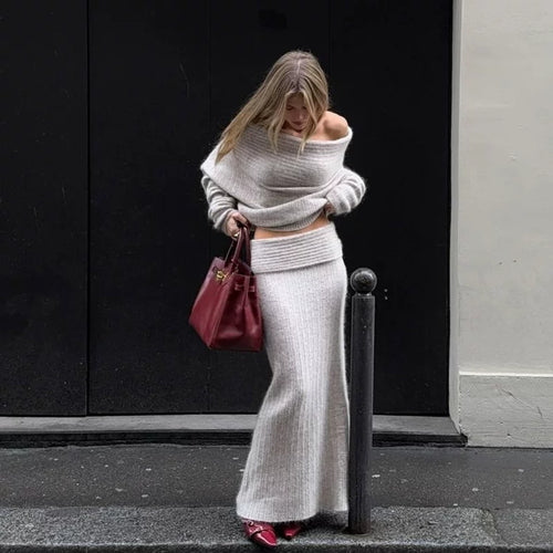 Kishai | Women’s Winter One-Shoulder Sweater and Fishtail Skirt Set with Long Sleeve Top