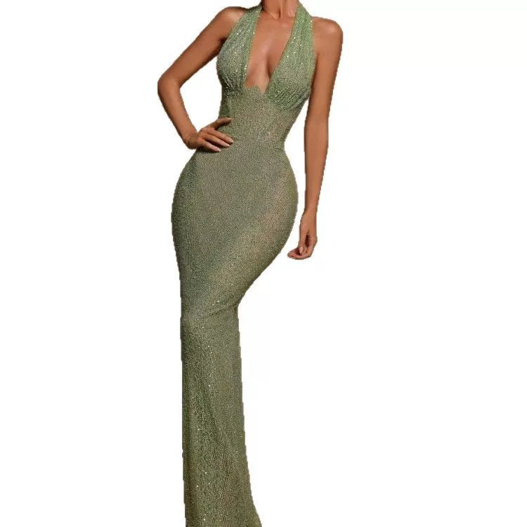 Kishai | Women’s Sequined V-Neck Halter Maxi Dress for Banquets and Special Occasions