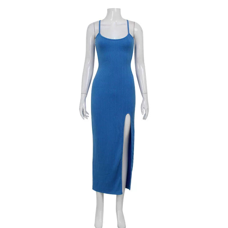 Kishai | Women’s Blue High-Slit Summer Maxi Dress with Backless Spaghetti Straps and High-Waist Fit