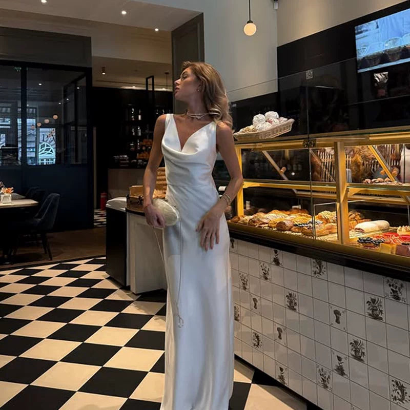 Kishai | Women’s Satin Swing Collar Maxi Dress with Backless Slim-Fit Waist Design