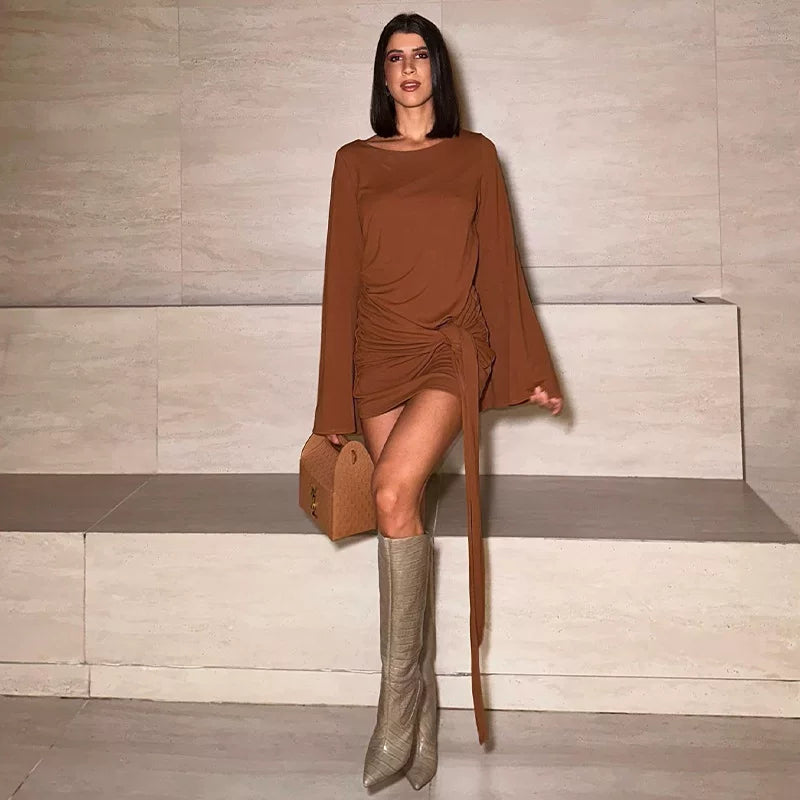 Kishai | Women’s Long-Sleeve Lace-Up Midi Dress with Round Neck and Flattering Silhouette