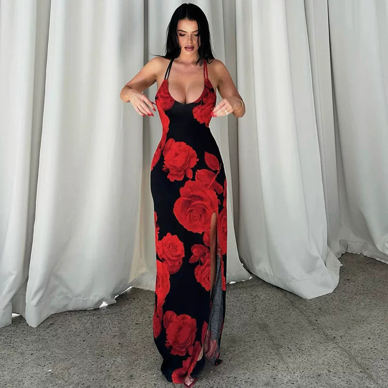 Kishai | Women’s Summer Flower Print Spaghetti Strap Maxi Dress with Side Slit and Slim Fit