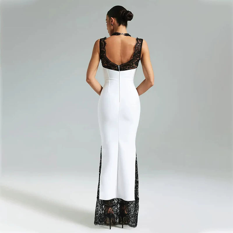 Kishai | Women’s V-Neck Lace Spliced Suspender Maxi Dress for Elegant Occasions