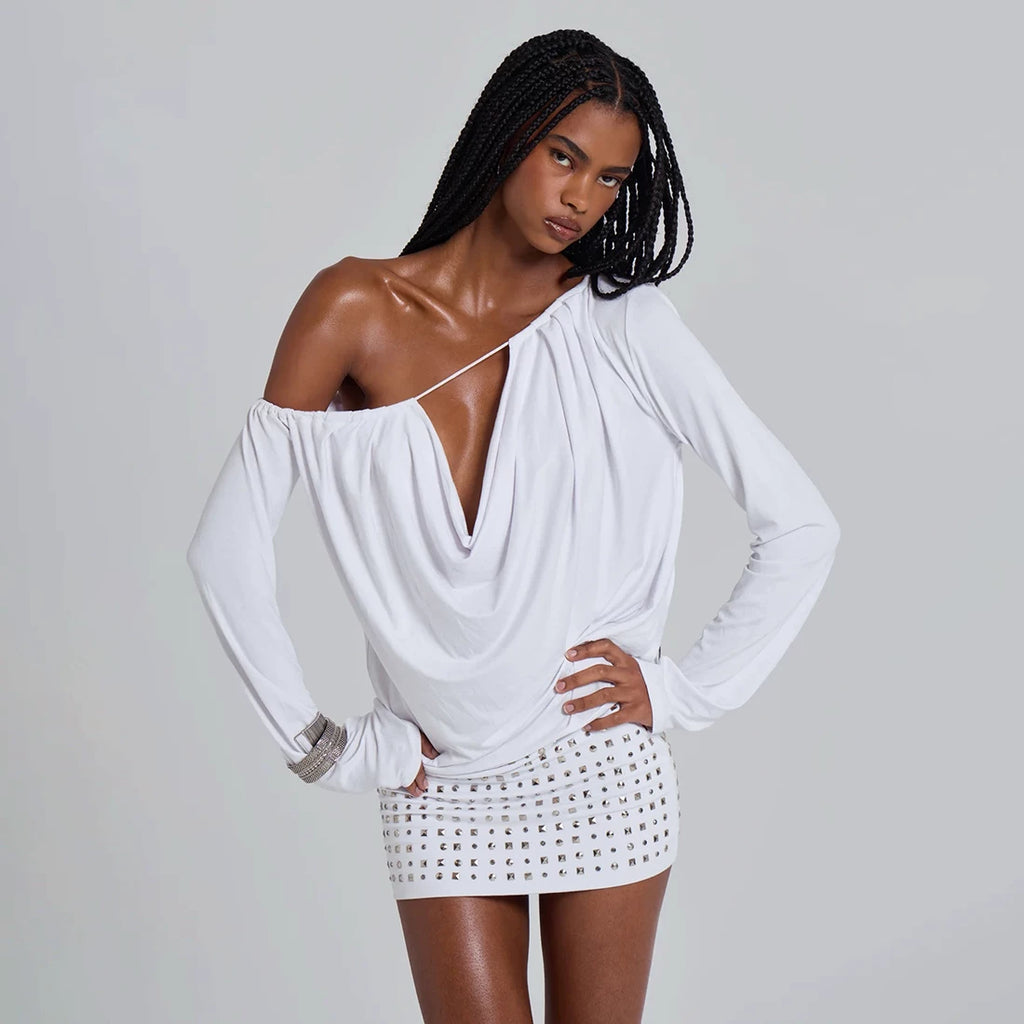 Kishai | Women’s Off-Shoulder Hollow Diamond-Accented Long Sleeve Dress with Backless Slim-Fit Skirt