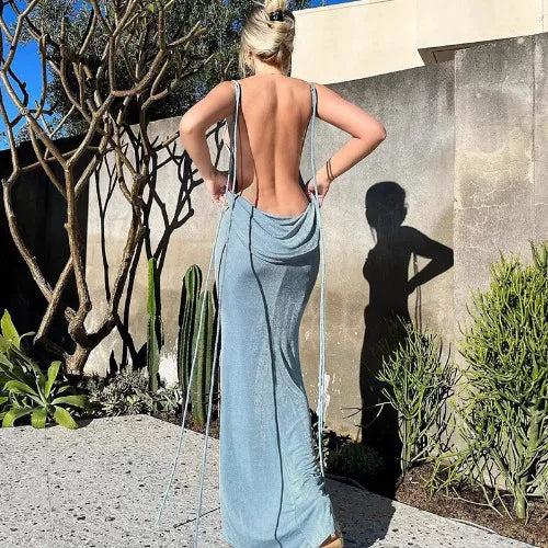 Kishai | Women’s Summer Solid Color Backless Strappy Maxi Dress with Pile Collar