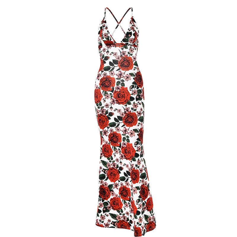 Kishai | Women’s Summer Rose Print Backless Maxi Dress with Slim-Fit Silhouette for Vacation