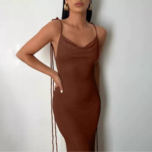 Kishai | Women’s Summer Solid Color Backless Strappy Maxi Dress with Pile Collar
