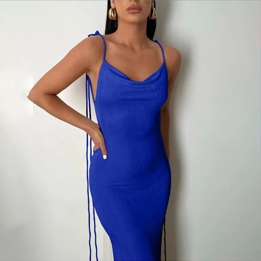 Kishai | Women’s Summer Solid Color Backless Strappy Maxi Dress with Pile Collar