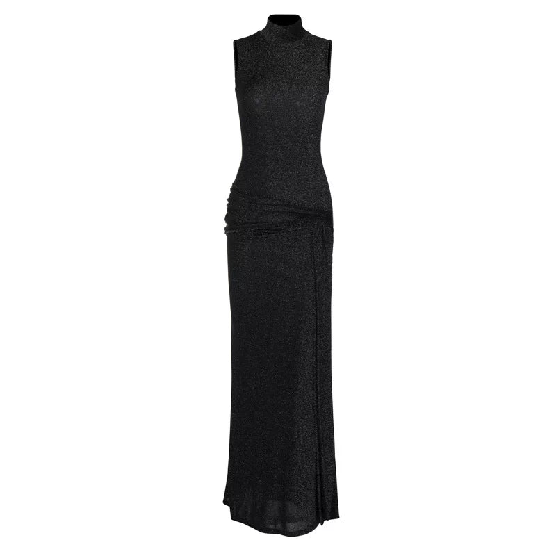 Kishai | Women’s High-Collar Sleeveless Maxi Dress with Ribbon Stitching and Silk-Like Finish