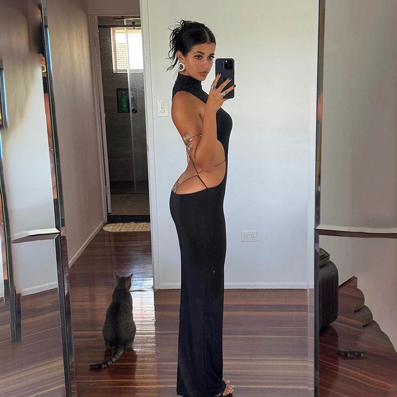 Kishai | Women’s Metallic Butterfly Hollow Backless Maxi Dress with Slim-Fit Slit Skirt